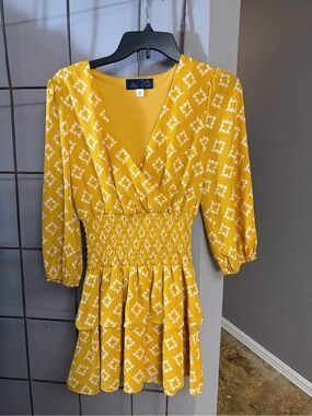 Blue Rain Yellow Geometric Smocked Mini Dress